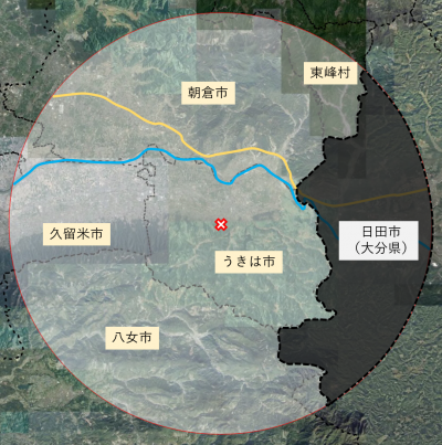 豚熱確認地点（うきは市）から半径15キロメートル区域