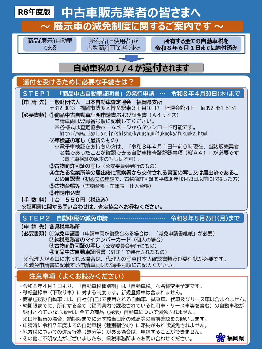 令和8年度　中古車販売業者の皆様に対する広報チラシです。