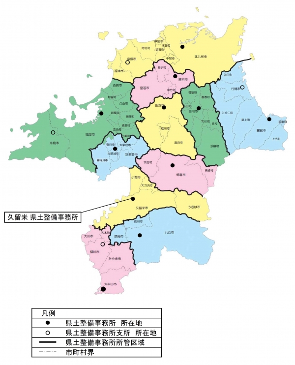 久留米県土整備事務所の位置を示している地図です。