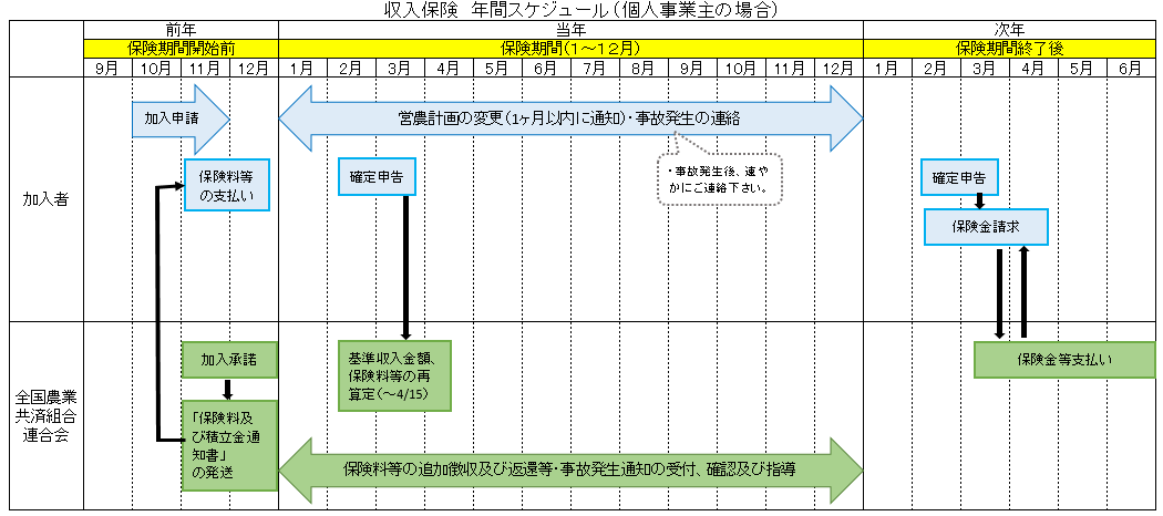 収入保険の年間スケジュールについて図で説明しています。